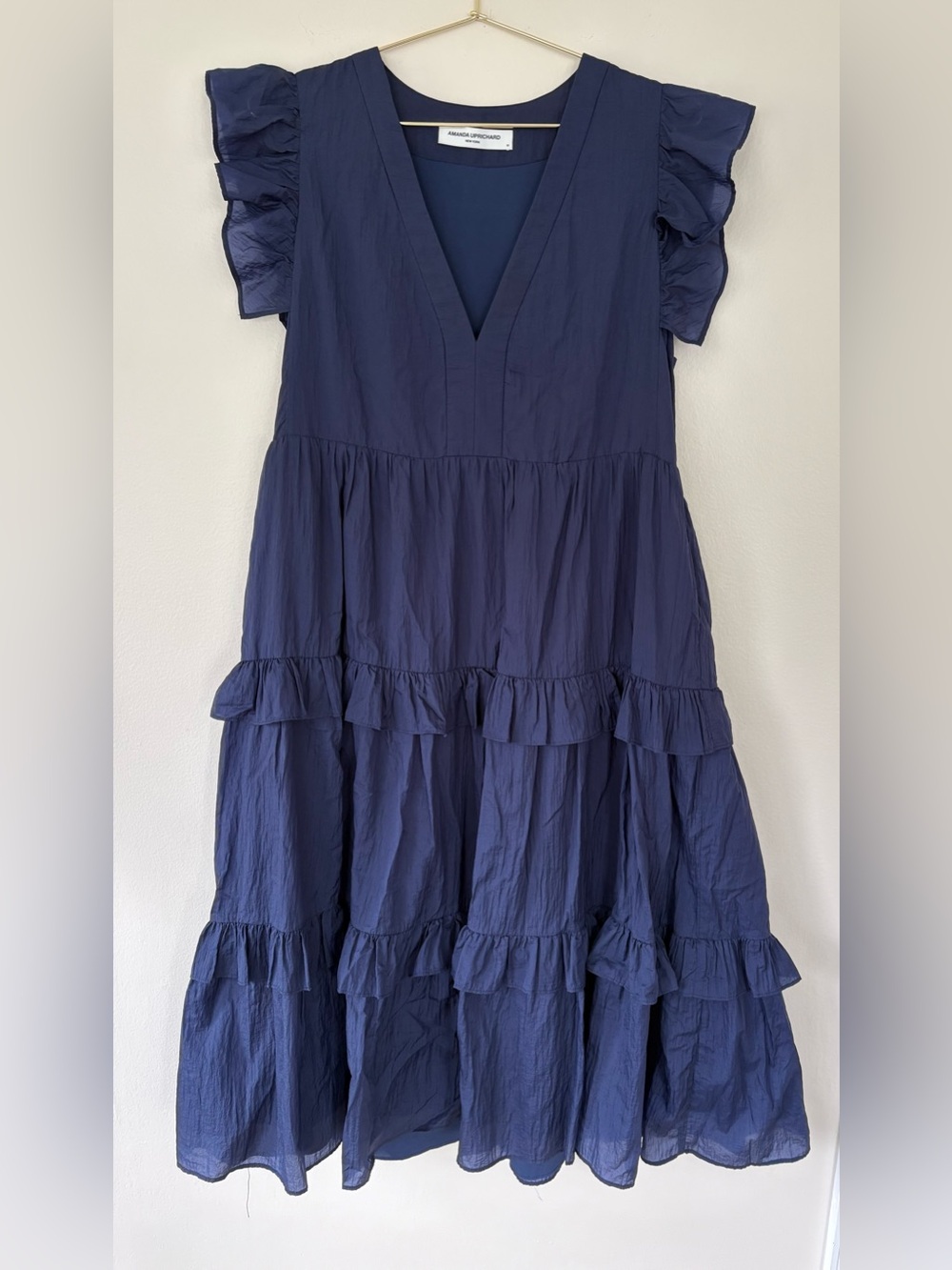 Amanda Uprichard Navy Ruffle Tiered Midi Dress Size Medium